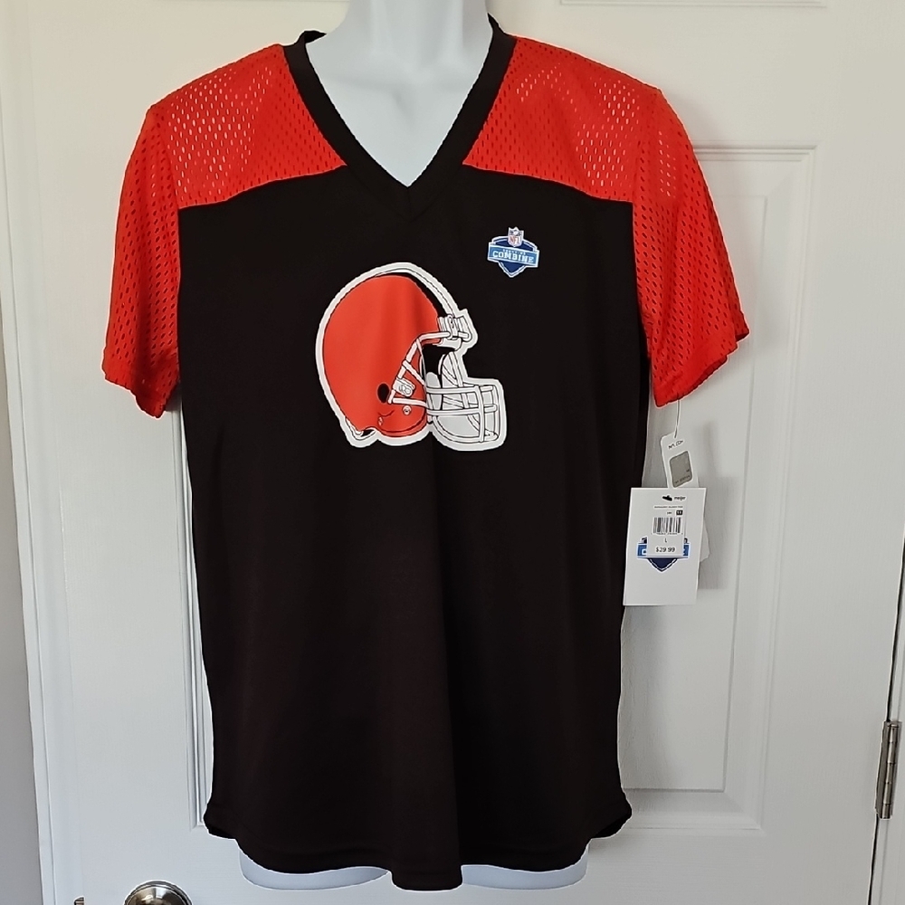 NFL Cleveland Browns Team Logo Brown and Orange V-Neck Ladies Shoulder Block Tee